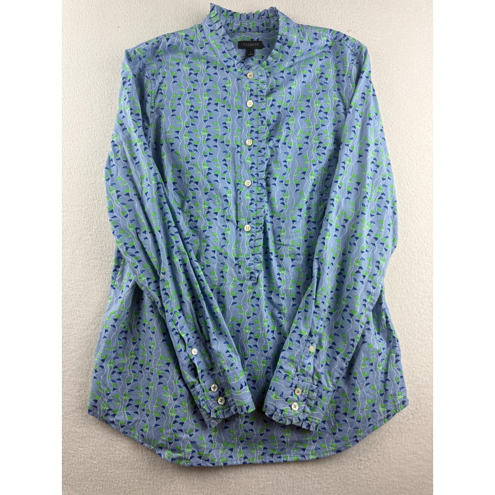Talbots Womens Blue Green Geometric Ruffle Collar Cotton Dobby Blouse Size S